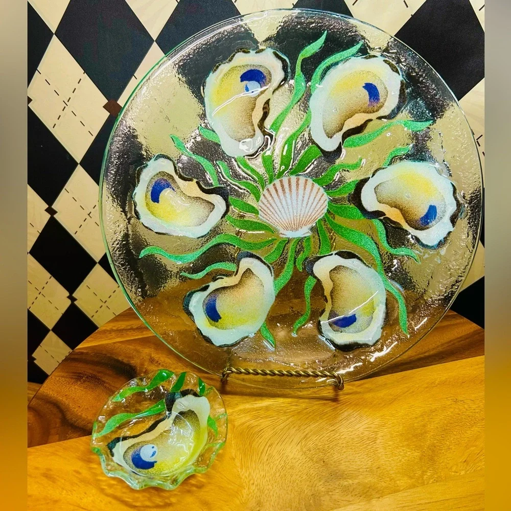 Oyster Shell Motif Fused Glass Platter & Bowl Set — Iridescent Coastal Art Glass - Picture 13 of 16